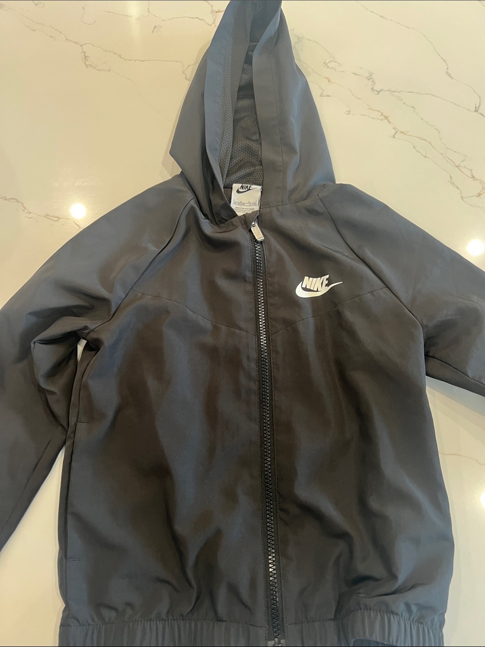Nike Kids Black Hooded Windbreaker Jacket with White Logo-Size 6